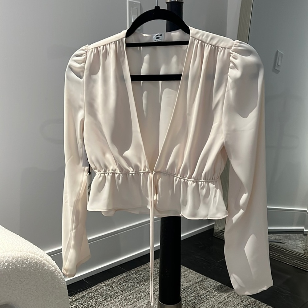 Cream Tie Front Crop Blouse
